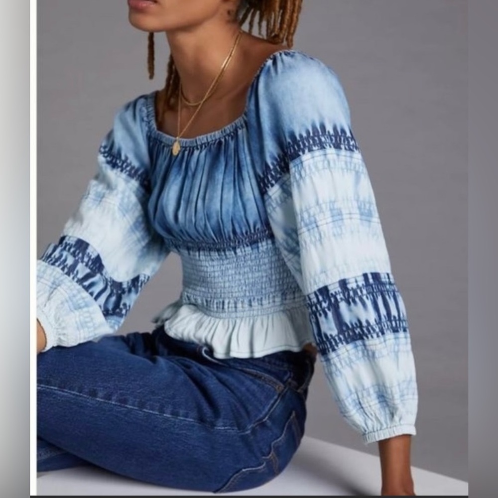 NEW ANTHROPOLOGIE Pilcro Smocked Chambray Blouse Women's Size large